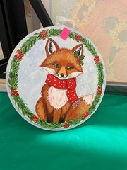 7″ Circular Acrylic Painting on Wood….“Fox with Scarf“