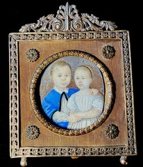 Antique Portrait Miniature of Children, Boy & Girl in French Empire Bronze Frame