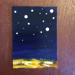 ACEO Original Acrylic Landscape Painting Mojave Desert Clouds Night Sky Moons