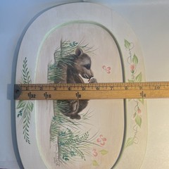 Hand-Painted Oval Wood wall Board 14.5” Bear Cub & Floral, Hanging Hole