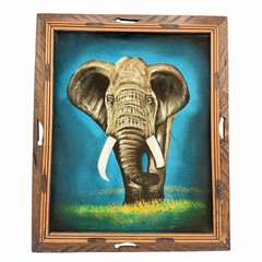 Vintage Velvet Elephant Wall Art Wood Framed Made in Mexico Safari Decor