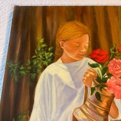 Girl with flowers Young woman portrait original painting Vintage 90s roses