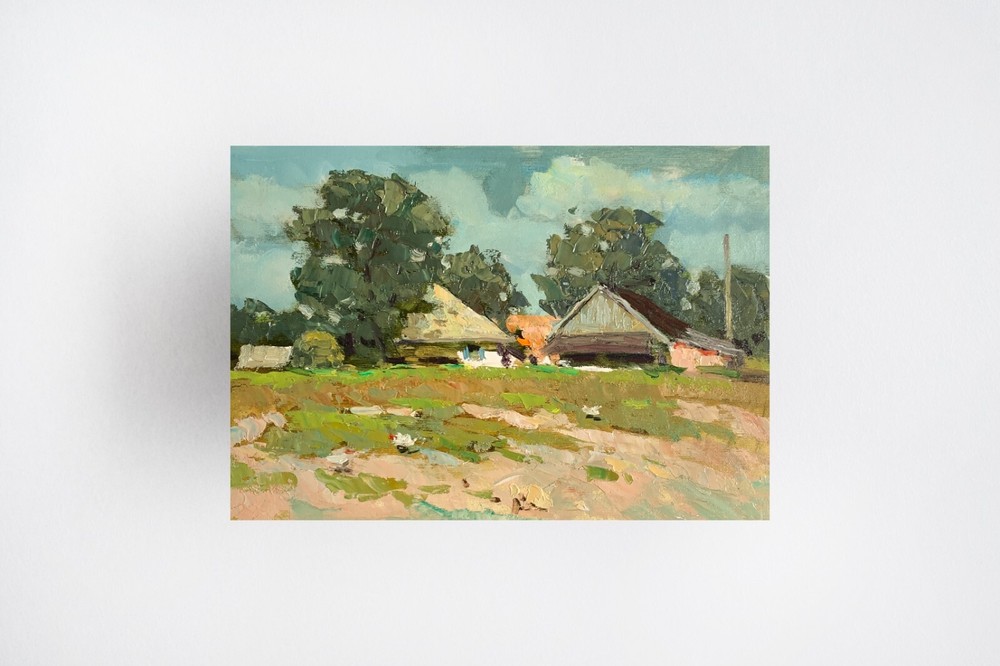 Oil painting Chickens graze Ukrainian painter Canvas Unframed original landscape