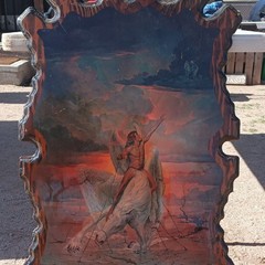 This is a vintage 1970s resin-coated wood slab wall hanging John Pitres