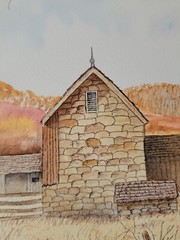 1982 Wade Rawls Pen Ink Watercolor Original Painting Homestead Stone Barn
