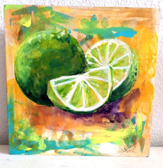 Lime Acrylic Painting on Wood Board Signed Tropical Limes Colorful Vibrant