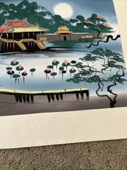 Asian Style Paintings Lotus Flowers & River Scene Boat Village No Frame Set 2
