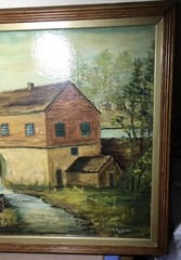 Folk Art Grist Mill Oil on Board Overshot Wheel CT Artist Dorothy E Bardin 1960s