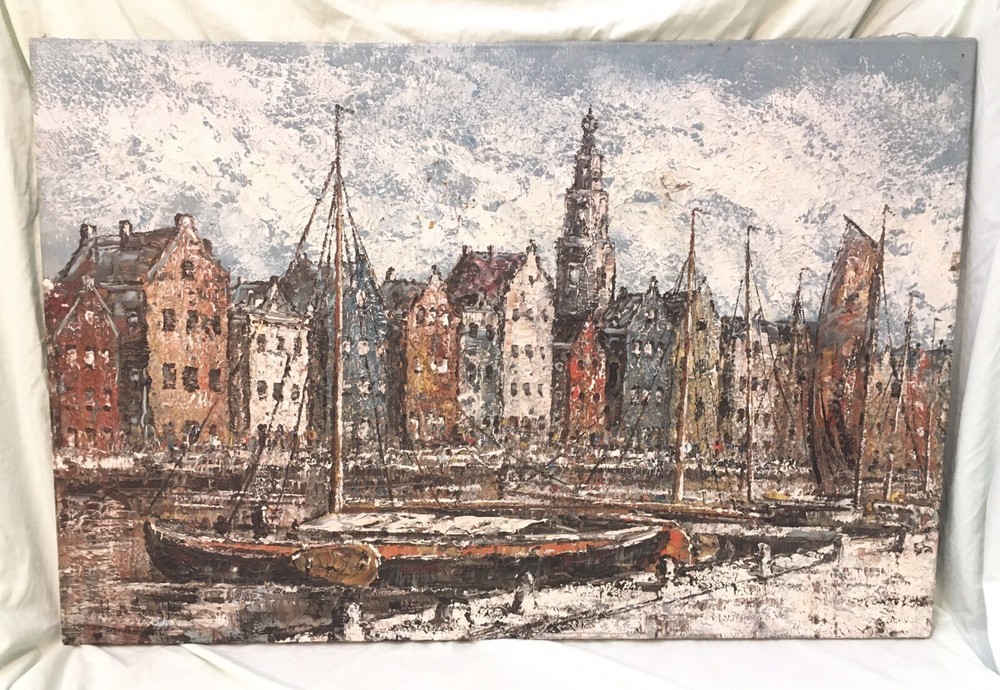 23.75”x35.5” Euro Water Cityscape H. de Jong Oil Painting On Canvas 2 Holes
