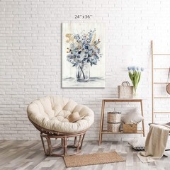 Hand Painted Floral Bouquet Canvas Wall Art – 36″ Textured Blue Flower Decor