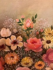 Vintage Original Oil Painting Still Life Floral Flowers & Pink Roses Signed Art