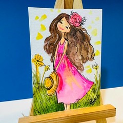Original ACEO Girl Pink Dress Watercolor Painting Floral Cute Whimsical Mini Art
