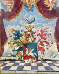 Antique Coat Of Arms Oil Painting 19th Century Family Crest Pegasus Austrian