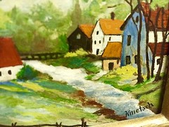 Folkart Minature Oil Painting „Country Village“ Signed & Framed Look! Its Great