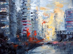 New York City Oil Painting Pale Urban Sunset, Streets and Skyscrapers Handmade