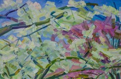 Two color Blossom Cherry Landscape – Oil Painting by Nikolay Budylin, Signed Art