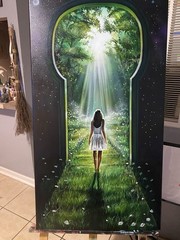 D. Lightsey Signed Woman Keyhole Doorway Forest Canvas Painting, Surreal Fantasy