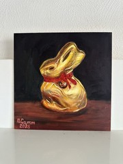 original oil painting Golden Easter Bunny still life 20x20cm Wall Art Gift