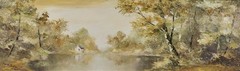Expansive Landscape Across a Lake Oil Painting Elizabeth Cope c1970s Bedford