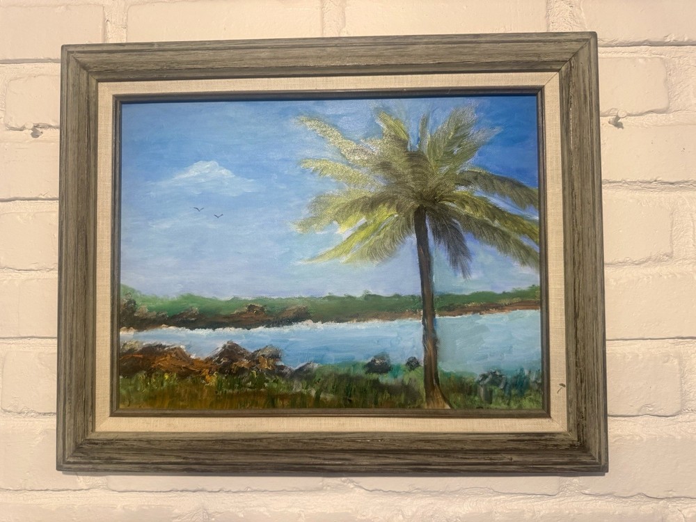 Vintage Oil Painting Tropical Coastal Palm Scene Framed 19.75″ W By 15.75