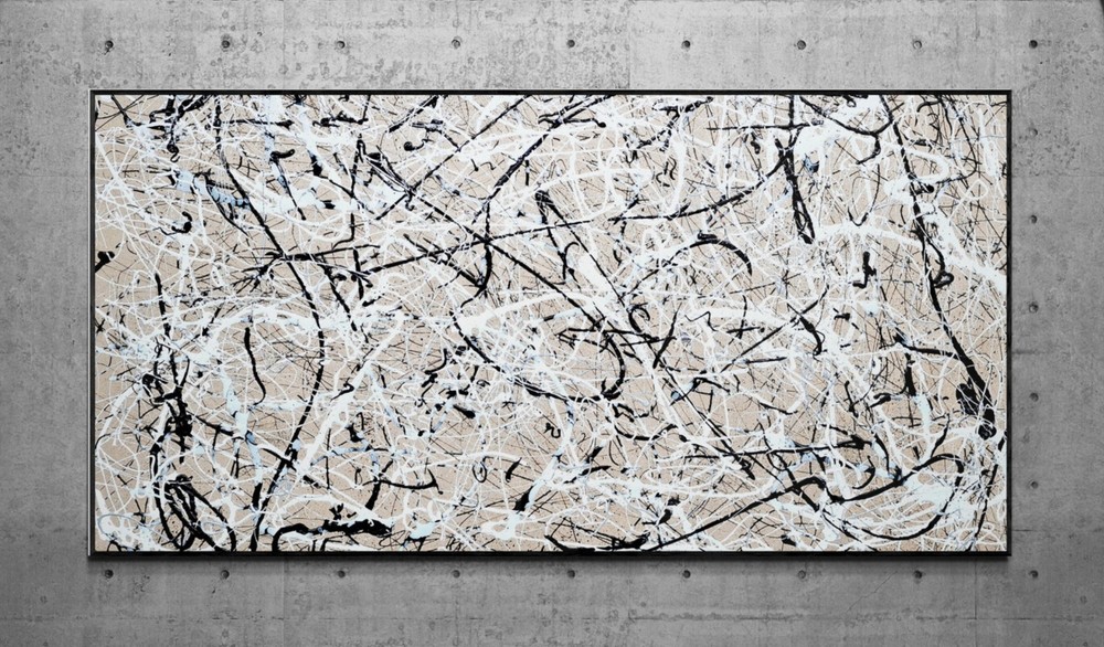 Neutral Abstract Painting Beige Black White Canvas Modern Wall Art XXL