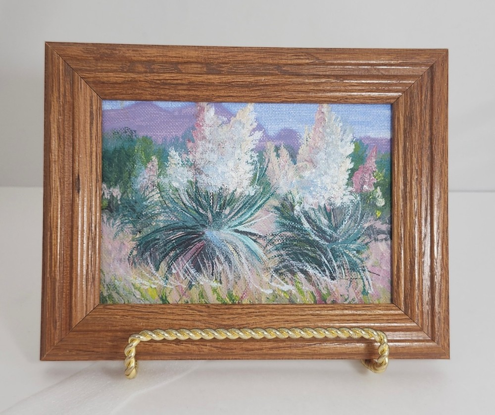 VTG Original Oil On Board In Wood Frame Arizona Landscape Yucca In Bloom Signed
