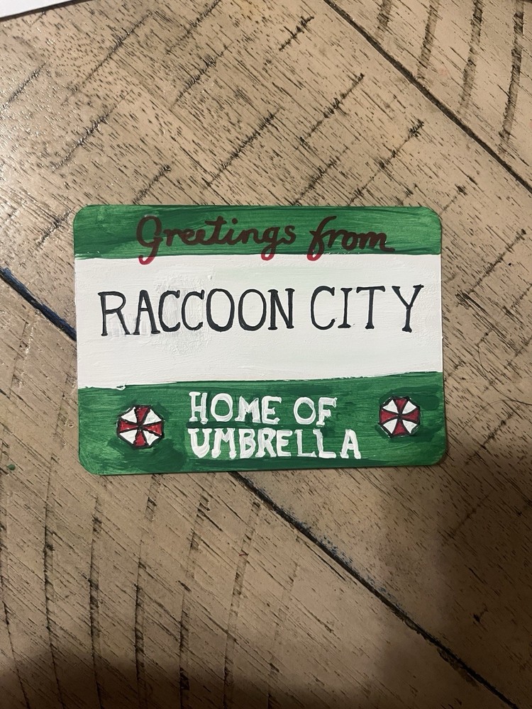 ACEO RACCOON CITY Post Card Painted Double Sided Art Card In Sleeve
