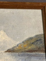 Antique Miniature Oil on Artist Board Landscape Painting of Mountain River Lake