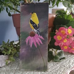 Original „Goldfinch on Coneflower“ Acrylic  Painting on 12.5″ x 5.5 „wood panel