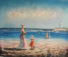 Hand painted and signed scene in beach art OIL PAINTING ON CANVAS, 20″ x 24″