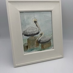 Watercolor Art Pelican Framed Signed 15×13 Original Artist Beach Cottage Decor