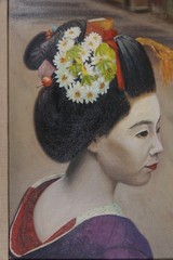 JAPANESE GEISHA GIRL OIL PAINTING ON CANVAS PERIOD FRAMED ARTIST HELEN SHARE