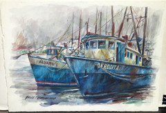 BRUCE PETERSON ALVARO C FISHING BOATS DOCK ORIGINAL WATERCOLOR SEASCAPE PAINTING