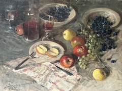 IMPRESSIONIST PAINTING MASTERFUL STILL LIFE FOOD DRINK WINE FRUIT LISTED BISSI