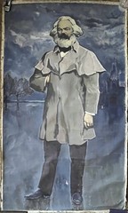 Old USSR Hand PAINTING /MARX in Coat/ portrait OIL Canvas 6ft=1.8m SIGNED 1956