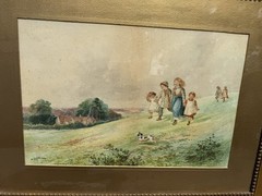 Antique James Walter Gozzard Watercolor Painting Genre Landscape Children Frame