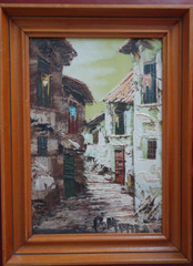 P Monzo Signed Old Town Palette Knife Oil Painting, 13 3/4″ x 12 1/4″, Framed