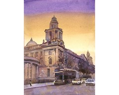 City Hall Belfast Ireland skyline sunset watercolor painting art (original)