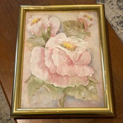 Vintage Pink White Peonies Flowers Painting Floral Wood Brass Frame 18″ x 14″
