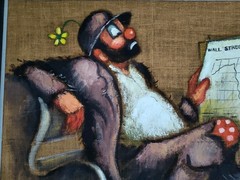 Signed Nancy M. Kurt Satiracal Clown Folk Art Painting Burlap Folk Art 32 X 36″