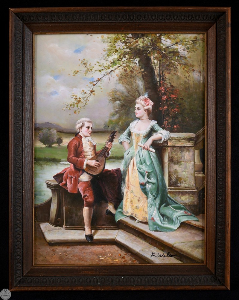 Vintage Romanticism Oil on Panel „The Serenade“ After Cesare Auguste Detti