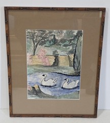 Oriental Swans Original Vintage Watercolor Painting Bamboo Framed 13.75″x16.75″
