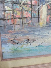 Vintage Street Scene Oil Painting Canvas Signed Bernard 29”x25” – Frame Damaged!