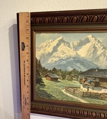 Vintage Heinz Theis 1894 -1966 Landscape Print On Board Framed Mountains Houses