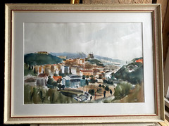 ::AQUARELL °WER KENNT DEN ORT ? STADT MIT KIRCHE BERGE SÜDDEUTSCH ANTIK SIGNIERT