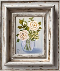 White Flowers Painting 5×7” Roses Bouqet Oil Artwork Hand Painted Wall Art