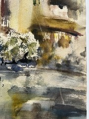 Mid Century 60s Adele Hepbron AWS Signed Modernist Cityscape Watercolor Painting