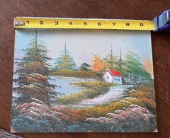 Small Unframed Impressionist Landscape Painting Cottage Lake Trees 9×5 in