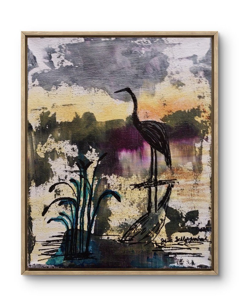 Evening Crane Silouette Bird Modern Original 8×10 Signed Canvas Acrylic Art BACH