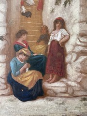 Antique Italian Oil Painting Capri Women on Steps Mediterranean Coastal Scene